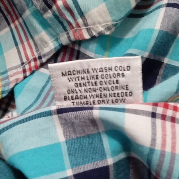 Rolling Paper Co. Short Sleeve Button Down Shirt Size M Blue Plaid Patches - Picture 8 of 8